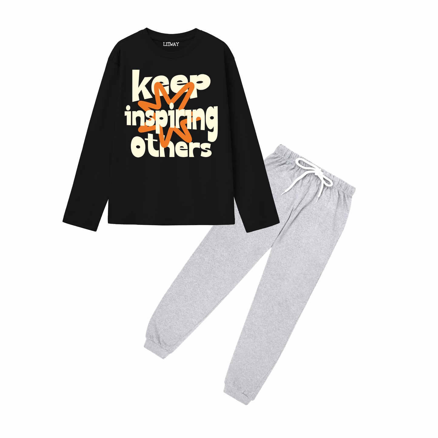 Boys Pure Cotton Full Sleeve T-Shirt & Grey Jogger Pant Set – Black “Keep Inspiring Others” Printed Co-ord Outfit for Kids (5–16 Years)