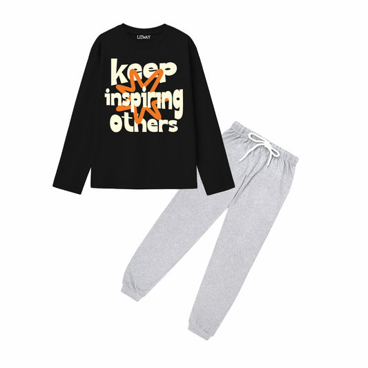 Boys Pure Cotton Full Sleeve T-Shirt & Grey Jogger Pant Set – Black “Keep Inspiring Others” Printed Co-ord Outfit for Kids (5–16 Years)