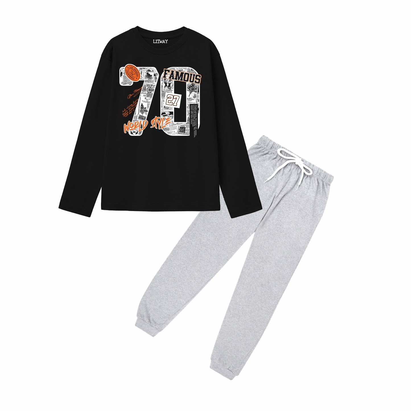 Boys Pure Cotton Full Sleeve T-Shirt & Grey Jogger Pant Set – Black “70 Famous” Graphic Print Co-ord Outfit for Kids (5–16 Years)