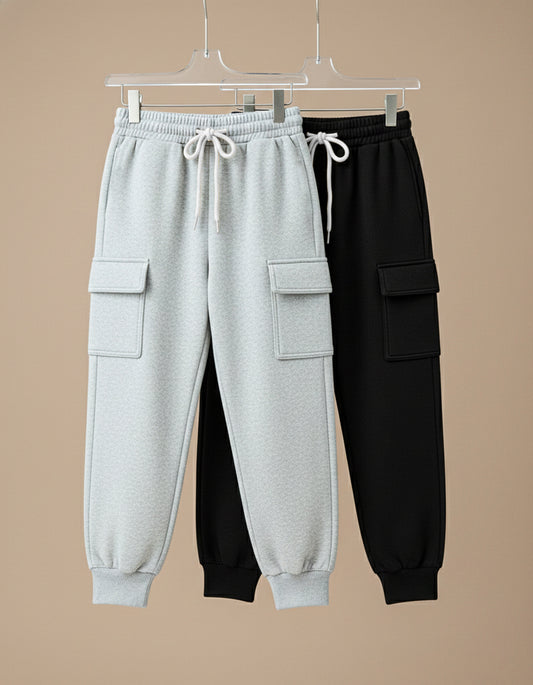 Boys Grey Melange & Black Regular Fit Cotton Cargo Track Pants (Combo)