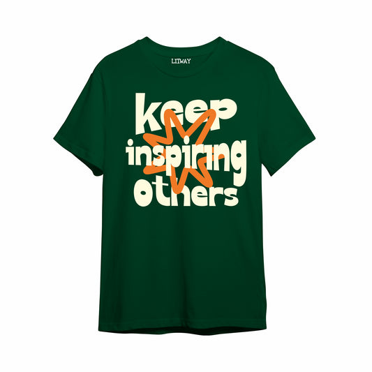 Keep Inspiring Others Typography Print Boys T-Shirt – Dark Green Pure Cotton Half Sleeve Tee (Ages 5–16)