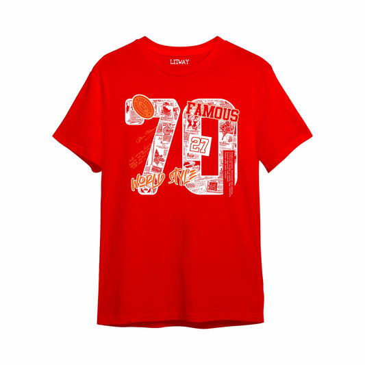 Boys Red Pure Cotton Graphic Printed T-Shirt | 70 Famous World Style Print | Half Sleeve Crew Neck Casual Tee for Kids (5–16 Years)