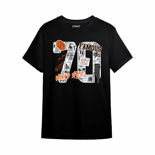 Boys Black “70 Famous” World Style Graphic Printed T-Shirt | Pure Cotton Half Sleeve Casual Tee for Kids & Teens (5–16 Years)
