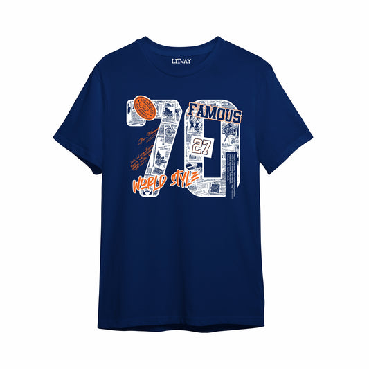 Boys Navy Blue Pure Cotton Typography Graphic T-Shirt | “70 Famous World Style” Print | Half Sleeve Round Neck Tee for Kids (5–16 Years)
