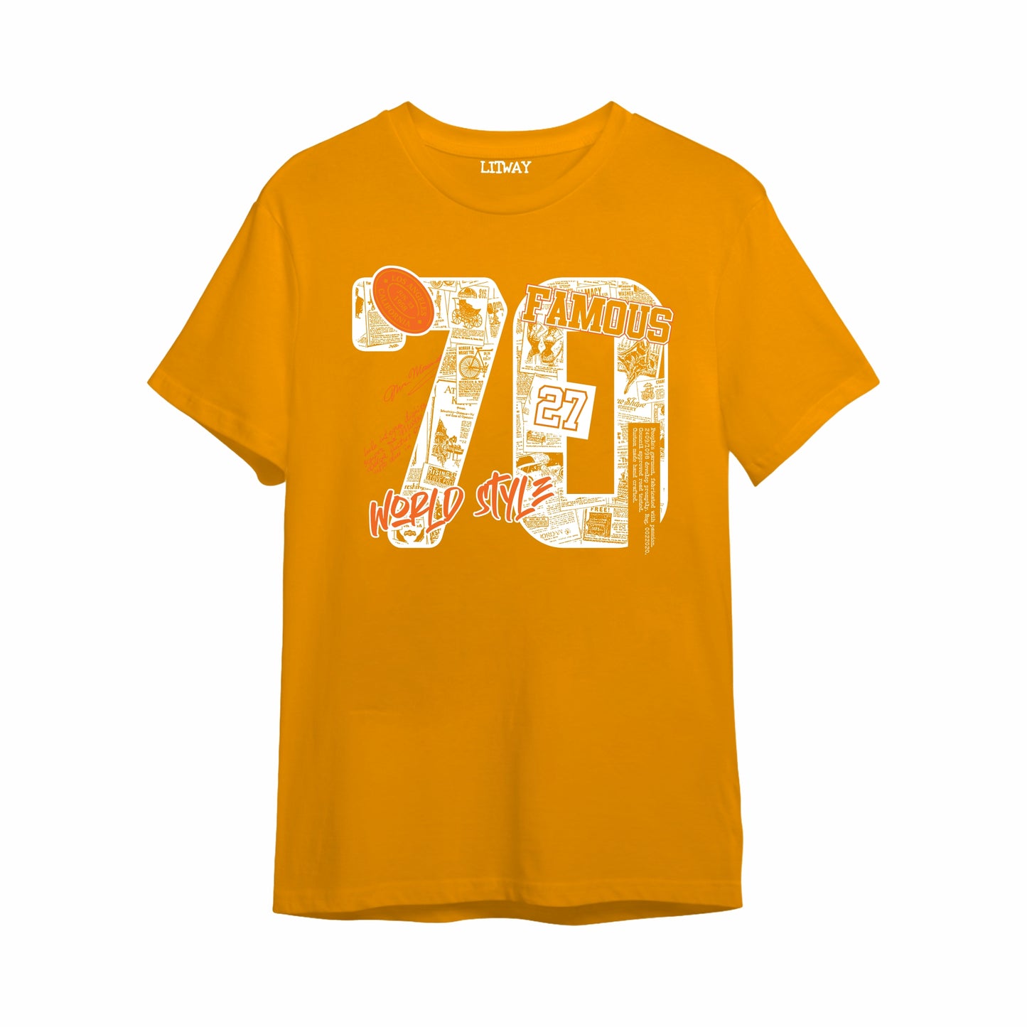 Boys Mustard Yellow Pure Cotton Graphic Printed T-Shirt | “70 Famous World Style” Typography Design | Half Sleeve Crew Neck Casual Tee (5–16 Years)