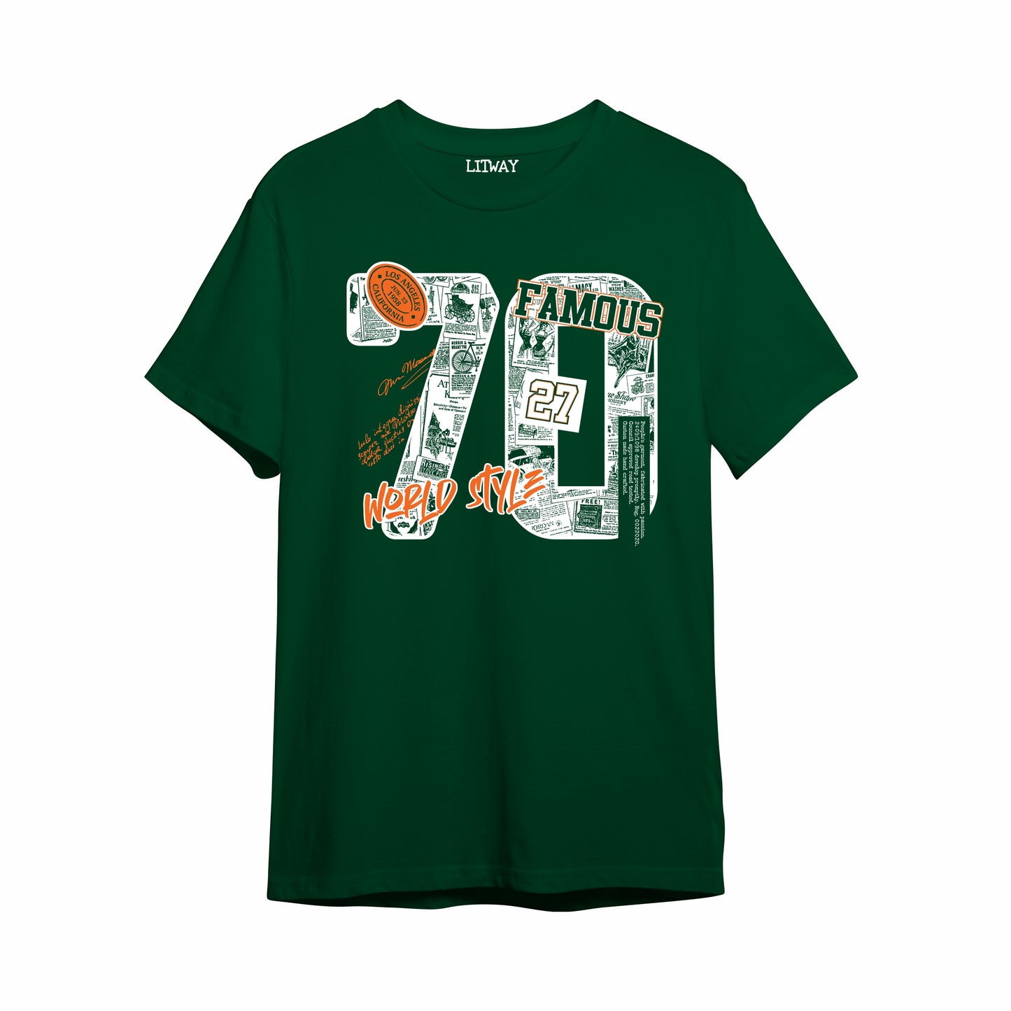 Famous 70 World Style Graphic Boys T-Shirt – Dark Green Pure Cotton Half Sleeve Tee (Ages 5–16)