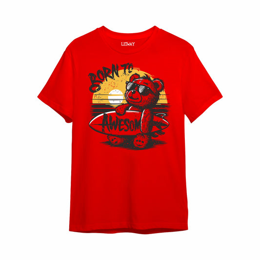 Boys Red Pure Cotton Graphic Printed T-Shirt | Born To Be Awesome Surfing Bear Print | Half Sleeve Crew Neck Casual Tee for Kids (5–16 Years)