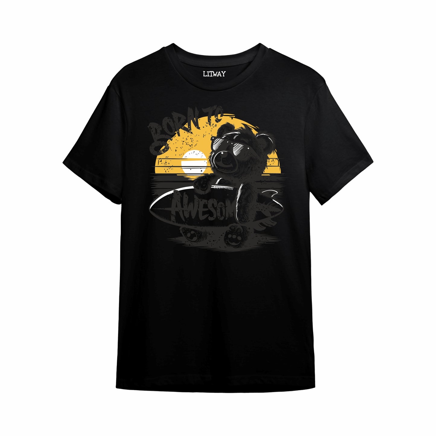 Boys Black Surfing Bear Graphic Printed T-Shirt | Pure Cotton Half Sleeve Casual Tee for Kids & Teens (5–16 Years)