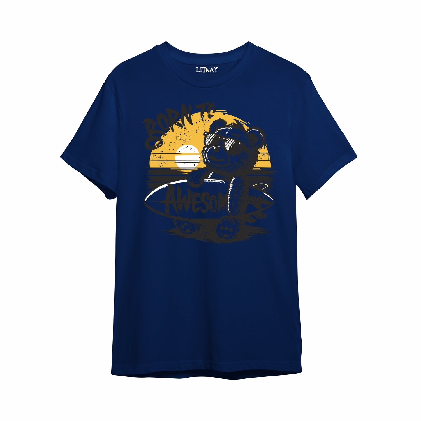Boys Navy Blue Pure Cotton Surf Bear Graphic T-Shirt | “Born to Be Awesome” Print | Half Sleeve Round Neck Tee for Kids (5–16 Years)