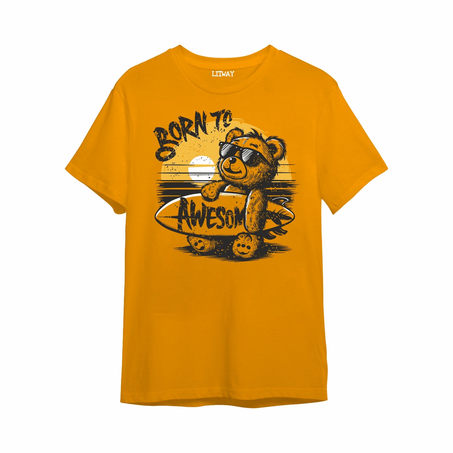Boys Mustard Yellow Pure Cotton Graphic Printed T-Shirt | “Born to Awesome” Teddy Surf Design | Half Sleeve Crew Neck Casual Tee (5–16 Years)