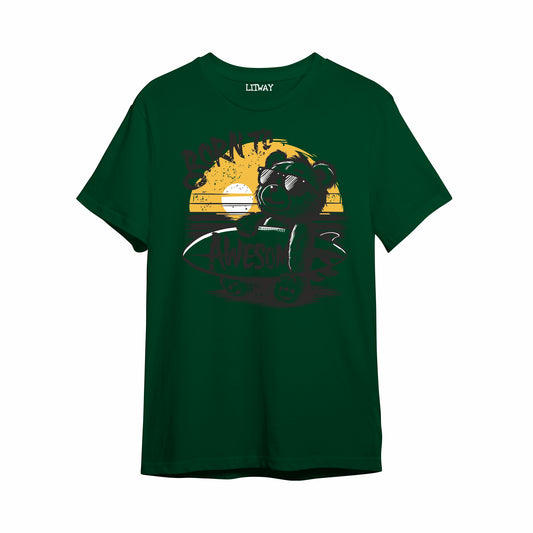 Surfing Bear Graphic Boys T-Shirt – Dark Green Pure Cotton Half Sleeve Tee (Ages 5–16)