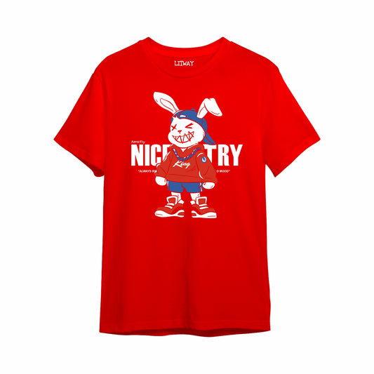 Boys Red Pure Cotton Cartoon Graphic Printed T-Shirt | Nice Try Bunny Character Print | Half Sleeve Crew Neck Casual Tee for Kids (5–16 Years)