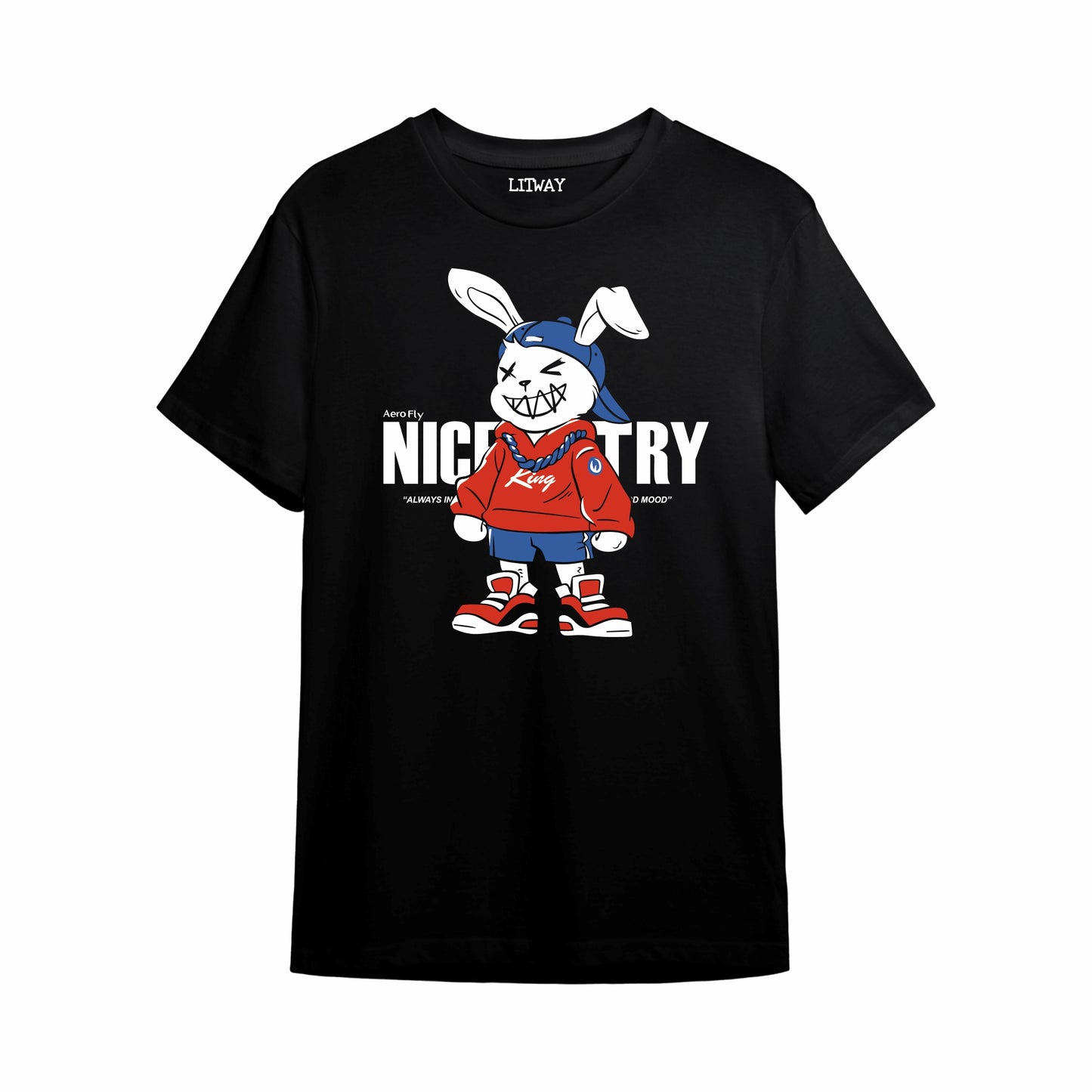 Boys Black Nice Try Cartoon Rabbit Graphic Printed T-Shirt | Pure Cotton Half Sleeve Casual Tee for Kids & Teens (5–16 Years)