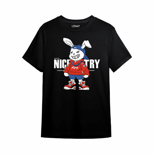 Boys Black Nice Try Cartoon Rabbit Graphic Printed T-Shirt | Pure Cotton Half Sleeve Casual Tee for Kids & Teens (5–16 Years)