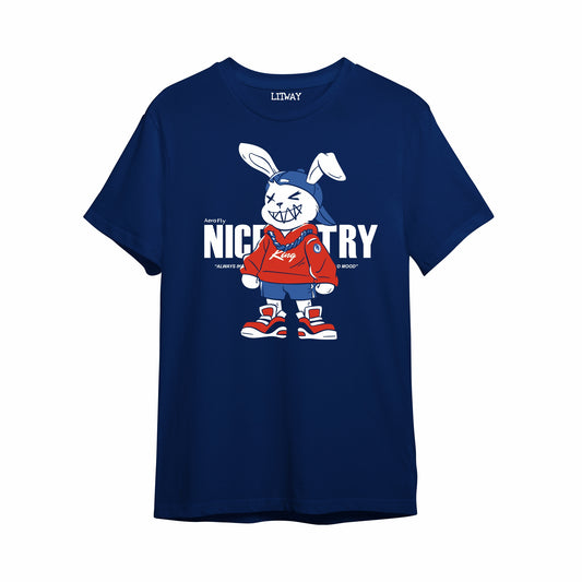 Boys Navy Blue Pure Cotton Cartoon Bunny Graphic T-Shirt | “Nice Try” Street Style Print | Half Sleeve Round Neck Tee for Kids (5–16 Years)