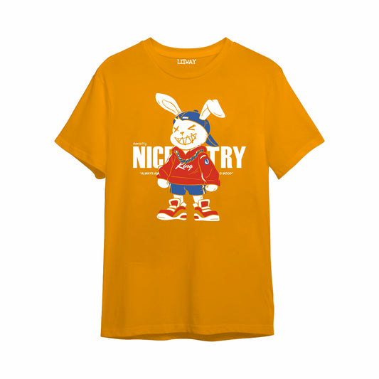 Boys Mustard Yellow Pure Cotton Graphic Printed T-Shirt | Cool Bunny “Nice Try” Cartoon Print | Half Sleeve Crew Neck Casual Tee for Kids (5–16 Years)