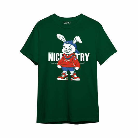 Nice Try Bunny Graphic Boys T-Shirt – Dark Green Pure Cotton Half Sleeve Tee (Ages 5–16)