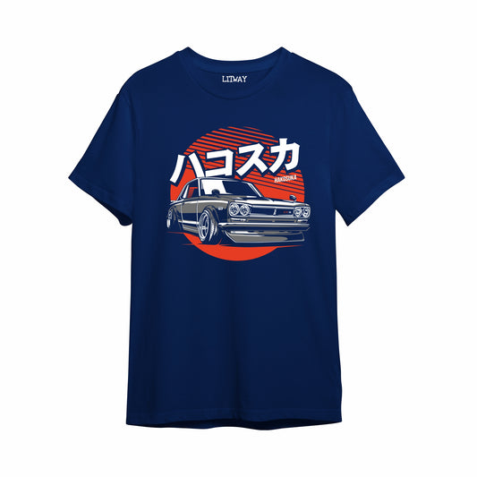 Boys Navy Blue Pure Cotton Vintage Car Graphic T-Shirt | Japanese Hakosuka Racing Print | Half Sleeve Round Neck Tee for Kids (5–16 Years)