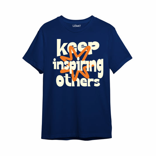 Boys Navy Blue Pure Cotton Printed T-Shirt | “Keep Inspiring Others” Typography Graphic | Half Sleeve Round Neck Casual Tee for Kids (5–16 Years)