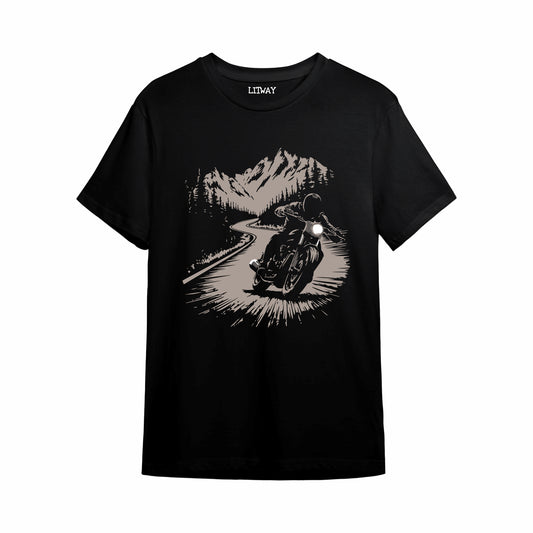Boys Black Mountain Rider Bike Graphic Printed T-Shirt | Pure Cotton Half Sleeve Casual Tee for Kids & Teens (5–16 Years)