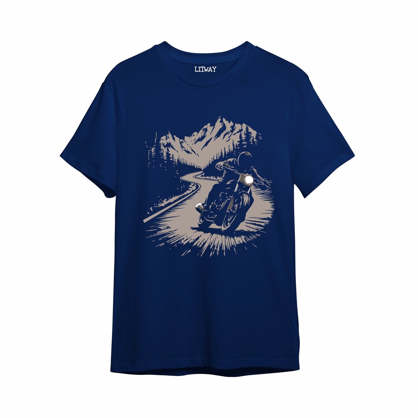 Boys Navy Blue Pure Cotton Biker Graphic T-Shirt | Mountain Road Motorcycle Print | Half Sleeve Round Neck Tee for Kids (5–16 Years)