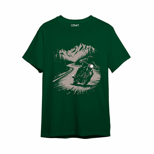 Mountain Rider Graphic Boys T-Shirt – Dark Green Pure Cotton Half Sleeve Tee (Ages 5–16)