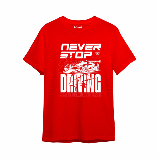 Boys Red Pure Cotton Graphic Printed T-Shirt | Never Stop Driving Racing Car Print | Half Sleeve Crew Neck Tee for Kids (5–16 Years)