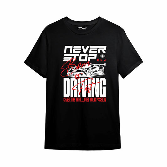 Boys Black Never Stop Driving Car Graphic Printed T-Shirt | Pure Cotton Half Sleeve Casual Tee for Kids & Teens (5–16 Years)