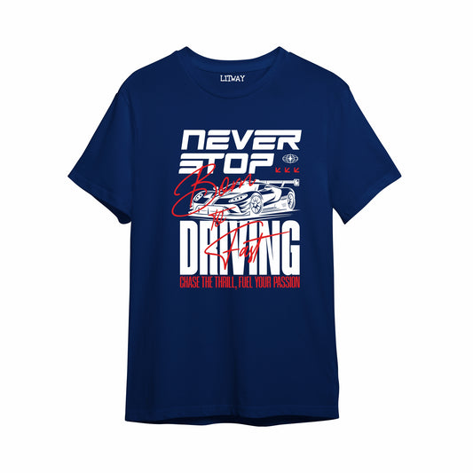 Boys Navy Blue Pure Cotton Racing Graphic T-Shirt | “Never Stop Born to Driving” Print | Half Sleeve Round Neck Tee for Kids (5–16 Years)
