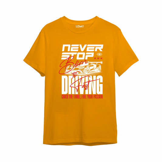 Boys Mustard Yellow Pure Cotton Graphic Printed T-Shirt | “Never Stop Born to Driving” Racing Car Print | Half Sleeve Crew Neck Casual Tee for Kids (5–16 Years)