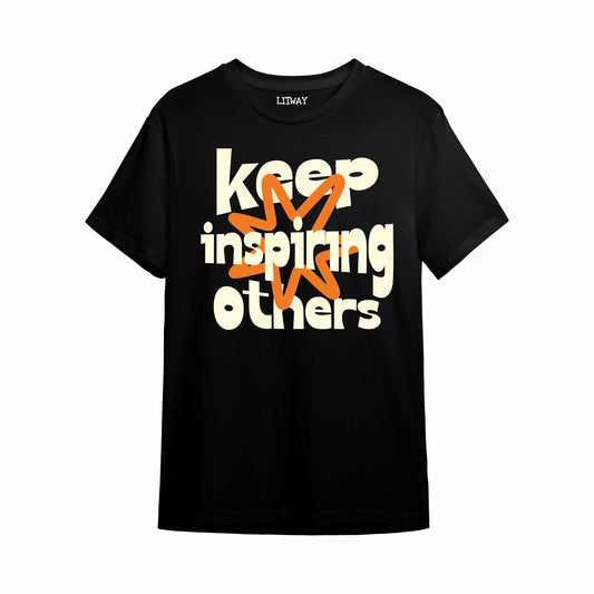 Boys Black Pure Cotton Typography Graphic T-Shirt | “Keep Inspiring Others” Print | Half Sleeve Round Neck Casual Wear for Kids (Ages 5–16 Years)