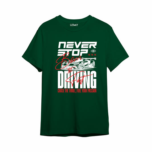 Boys Never Stop Driving Graphic T-Shirt – Dark Green Pure Cotton Half Sleeve Tee (Ages 5–16)