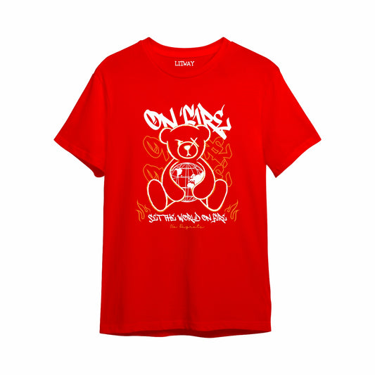 Boys Red Pure Cotton Graphic T-Shirt | “On Fire” Teddy Bear Print | Half Sleeve Round Neck Casual Tee for Kids (5–16 Years)