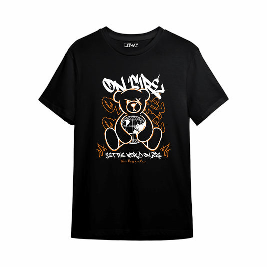 Boys Black Teddy Bear On Fire Graphic Printed T-Shirt | Pure Cotton Half Sleeve Casual Tee for Kids & Teens (5–16 Years)