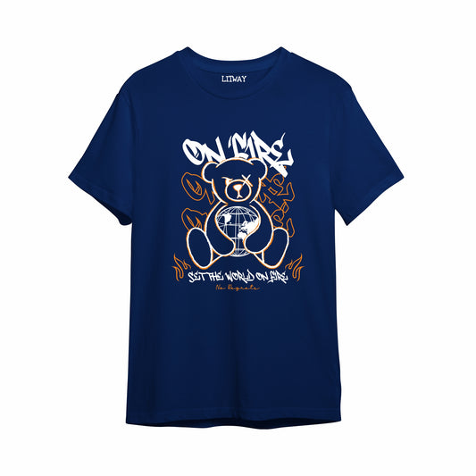 Boys Navy Blue Pure Cotton Graphic T-Shirt | Teddy Bear Globe Print | Half Sleeve Crew Neck Tee for Kids (5–16 Years)