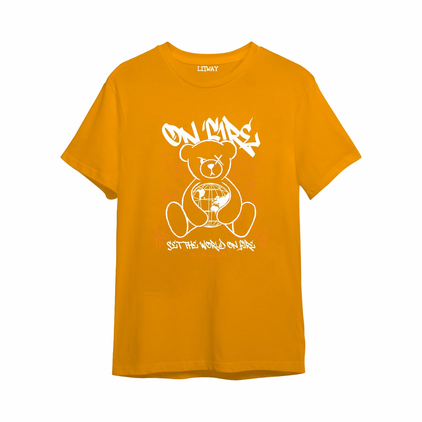 Boys Mustard Yellow Pure Cotton Graphic Printed T-Shirt | Teddy Bear “Only Me” World Print | Half Sleeve Crew Neck Casual Tee for Kids (5–16 Years)