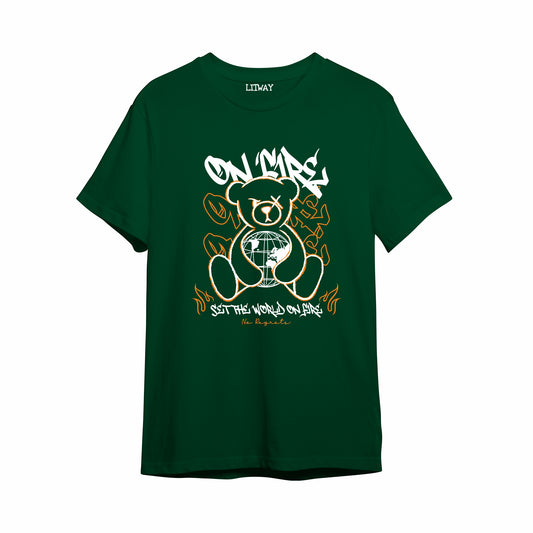 Only One Teddy Graphic Boys T-Shirt – Dark Green Pure Cotton Half Sleeve Tee (Ages 5–16)