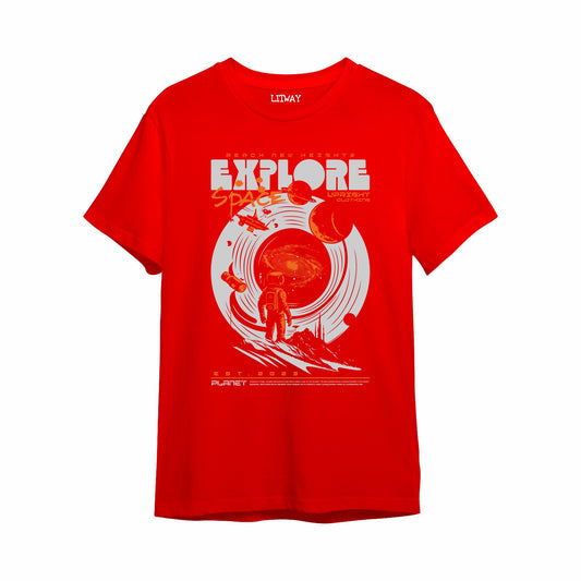 Boys Red Pure Cotton Graphic T-Shirt | “Explore Space” Astronaut Print | Half Sleeve Round Neck Casual Tee for Kids (5–16 Years)