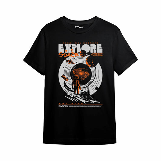 Boys Black Explore Space Astronaut Printed T-Shirt | Pure Cotton Half Sleeve Casual Tee for Kids & Teens (5–16 Years)