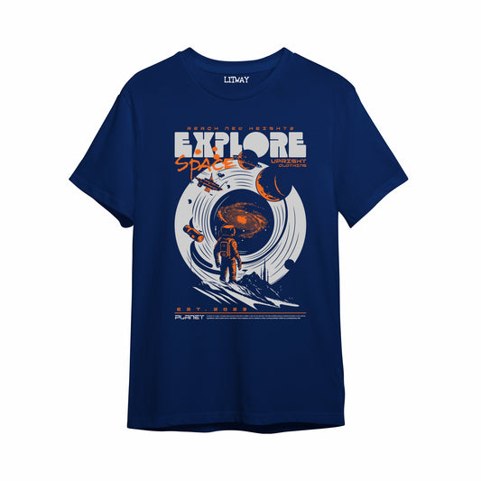 Boys Navy Blue Pure Cotton Space Graphic T-Shirt | “Explore Space” Astronaut Print | Half Sleeve Round Neck Casual Tee for Kids (Ages 5–16 Years)
