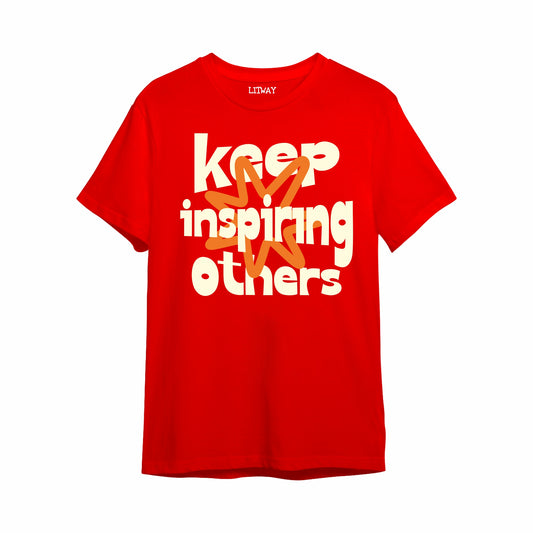 Boys Red Pure Cotton Typography Printed T-Shirt | Keep Inspiring Others Motivational Print | Half Sleeve Crew Neck Casual Tee for Kids (5–16 Years)