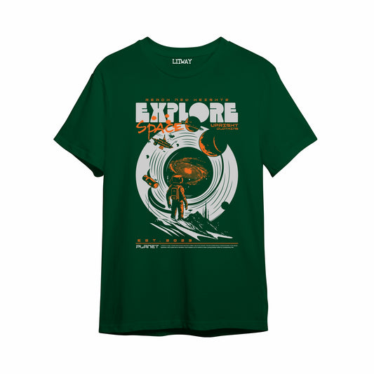 Explore Space Astronaut Graphic Kids T-Shirt – Dark Green Pure Cotton Half Sleeve Tee (Ages 5–16)