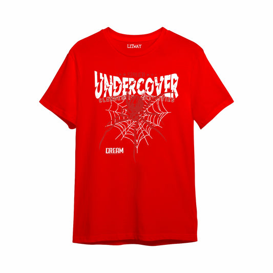 Boys Red Pure Cotton Graphic T-Shirt | “Undercover Dream” Spider Web Print | Half Sleeve Round Neck Casual Tee for Kids (5–16 Years)