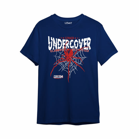 Boys Navy Blue Pure Cotton Spider Graphic T-Shirt | “Undercover” Typography Print | Half Sleeve Round Neck Casual Tee for Kids (Ages 5–16 Years)