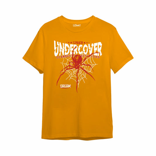 Boys Mustard Yellow Pure Cotton Graphic Printed T-Shirt | Spider Undercover Web Print | Half Sleeve Crew Neck Casual Tee for Kids (5–16 Years)