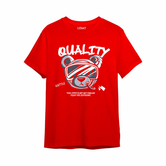 Boys Red Pure Cotton Graphic Printed T-Shirt | Quality Bear Battle Print | Half Sleeve Crew Neck Casual Tee for Kids (5–16 Years)