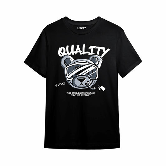 Boys Black Pure Cotton Graphic T-Shirt with Bear Goggles Print | Half Sleeve Crew Neck Casual Tee for Kids (Ages 5–16 Years)