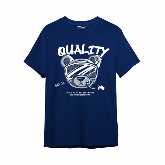 Boys Navy Blue Pure Cotton Graphic T-Shirt | “Quality Battle” Bear Print | Half Sleeve Round Neck Casual Tee for Kids (5–16 Years)