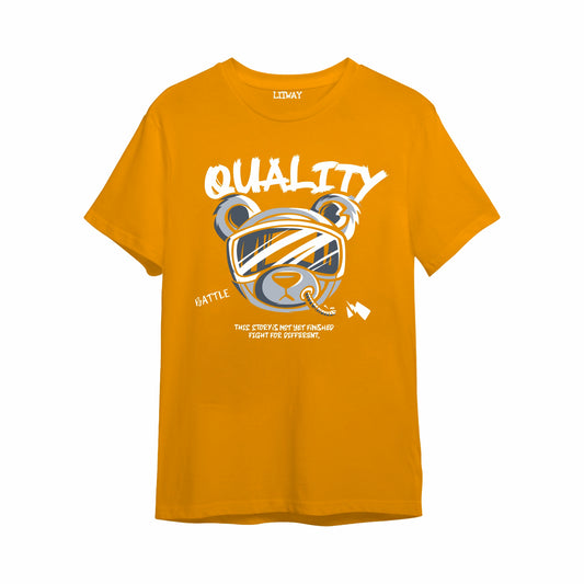 Boys Mustard Yellow Pure Cotton Graphic Printed T-Shirt | “Quality Battle” Teddy Goggle Design | Half Sleeve Crew Neck Casual Tee (5–16 Years)