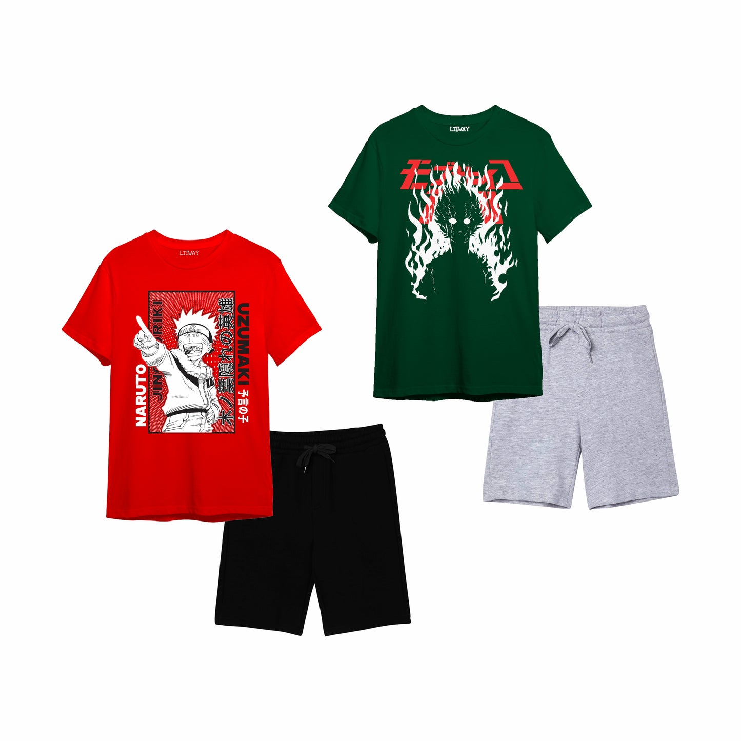 Boys Anime Character T-Shirt & Shorts Set (Naruto & Mob Psycho Print) – Sizes 9 to 16 Years